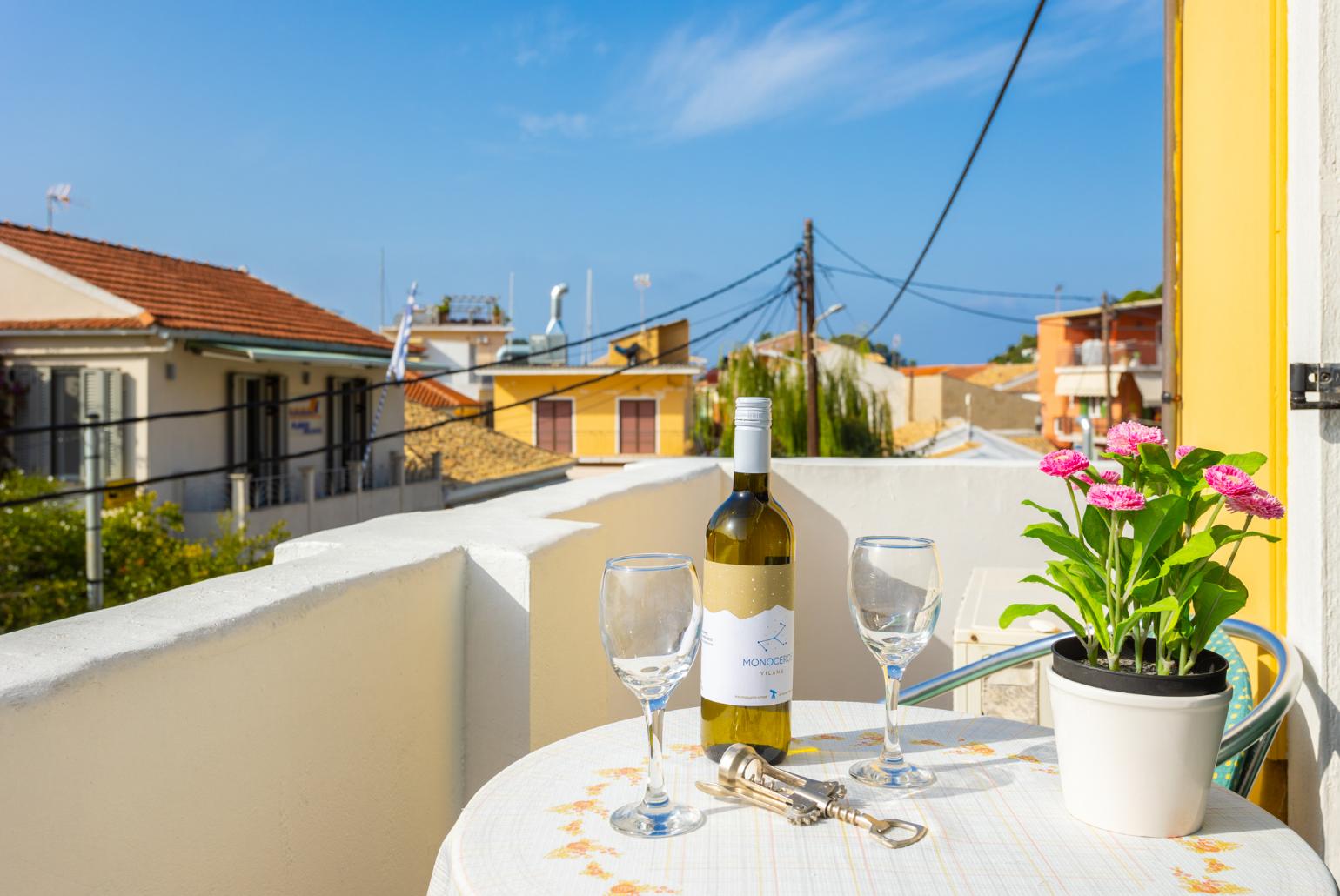 Balcony with village views