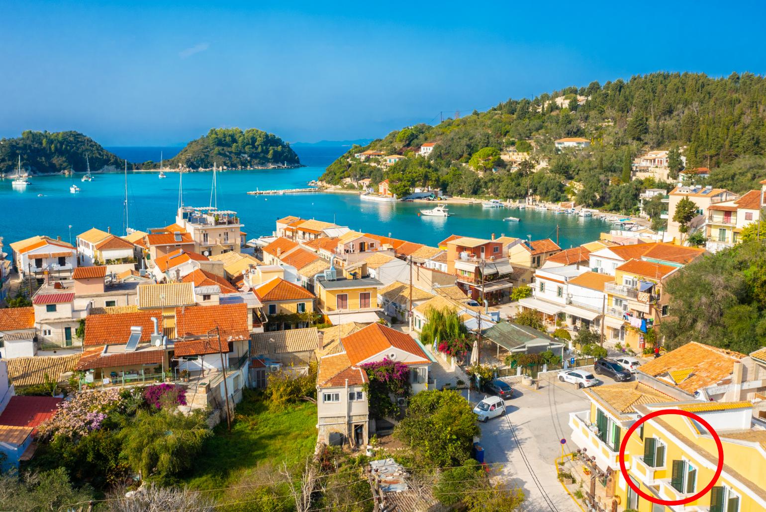 ,Aerial view of Lakka showing location of Niki Studio Dio