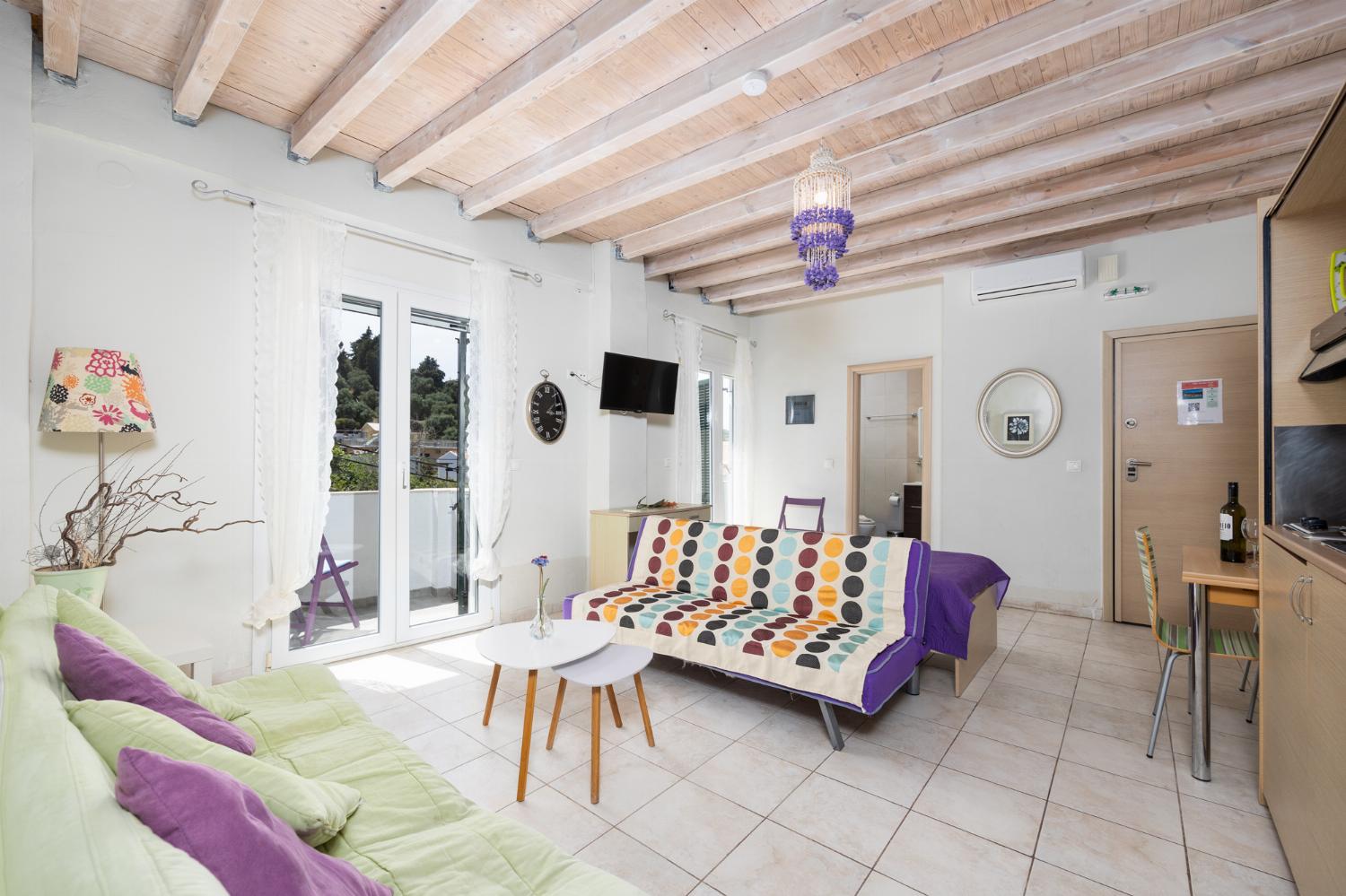 Open-plan living room with sofas, dining area, kitchen, A/C, WiFi internet, and satellite TV