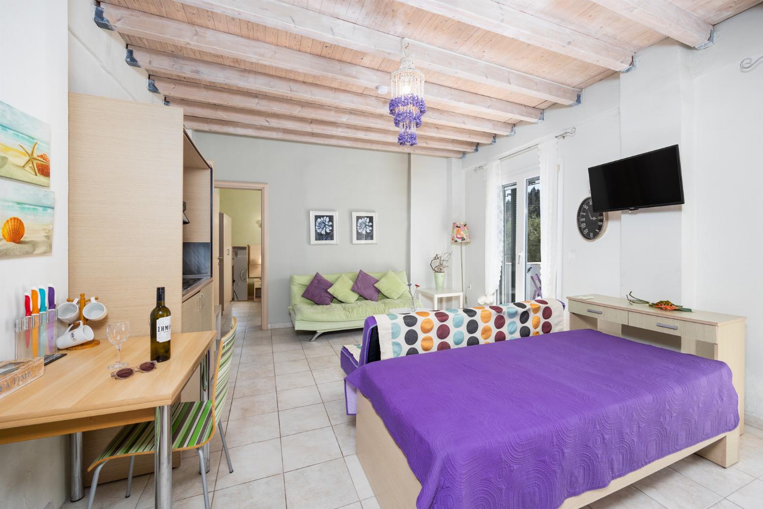 Open-plan living room with sofas, dining area, kitchen, A/C, WiFi internet, and satellite TV