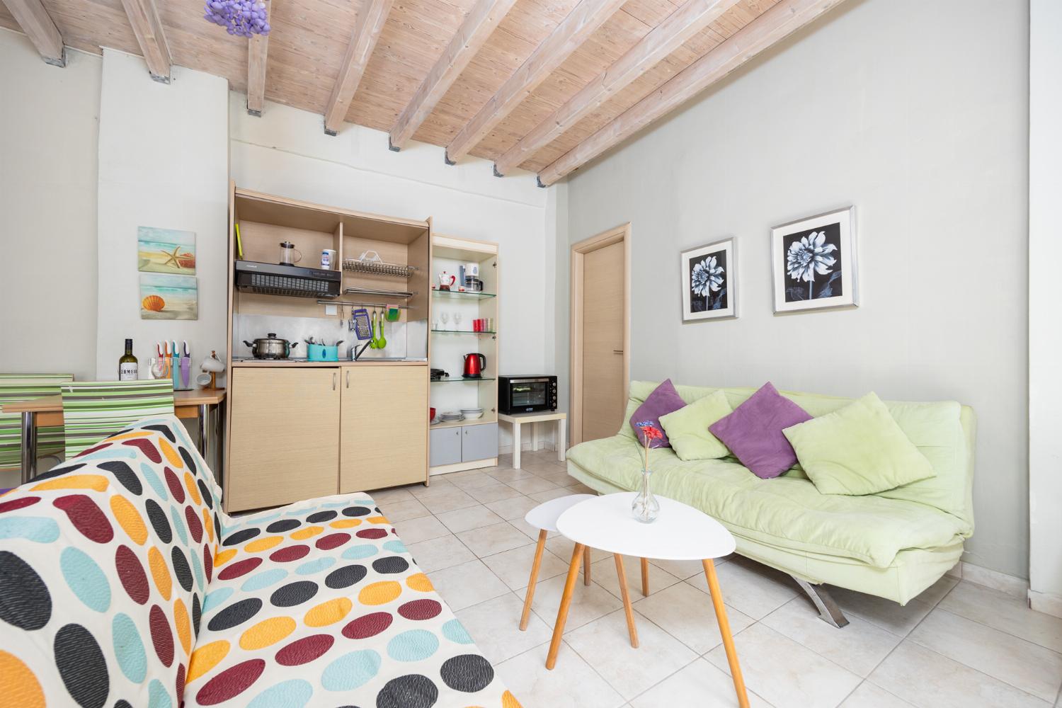 Open-plan living room with sofas, dining area, kitchen, A/C, WiFi internet, and satellite TV