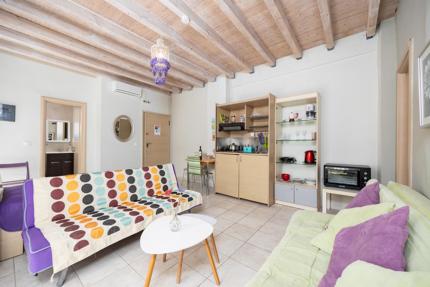 Open-plan living room with sofas, dining area, kitchen, A/C, WiFi internet, and satellite TV
