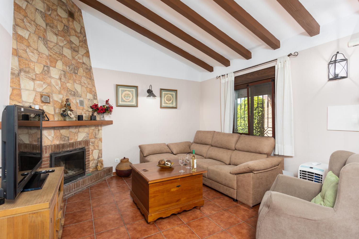 Open-plan living room with sofa, dining area, kitchen, ornamental fireplace, WiFi internet, and satellite TV