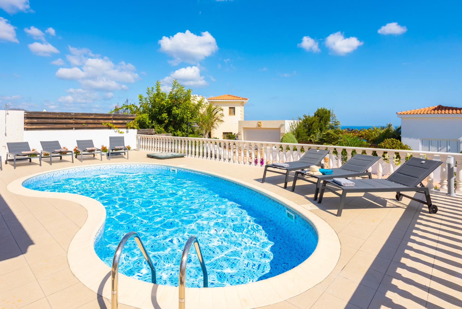 Private pool, terrace, and garden with sea views