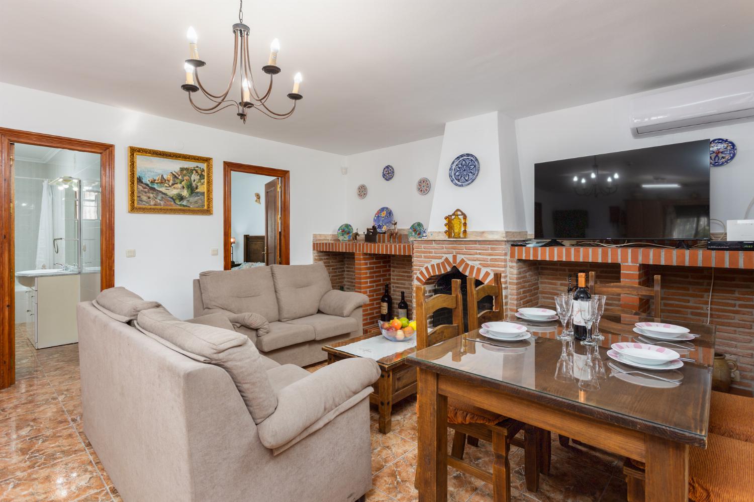 Open-plan living room with sofas, dining area, kitchen, ornamental fireplace, A/C, WiFi internet, and satellite TV