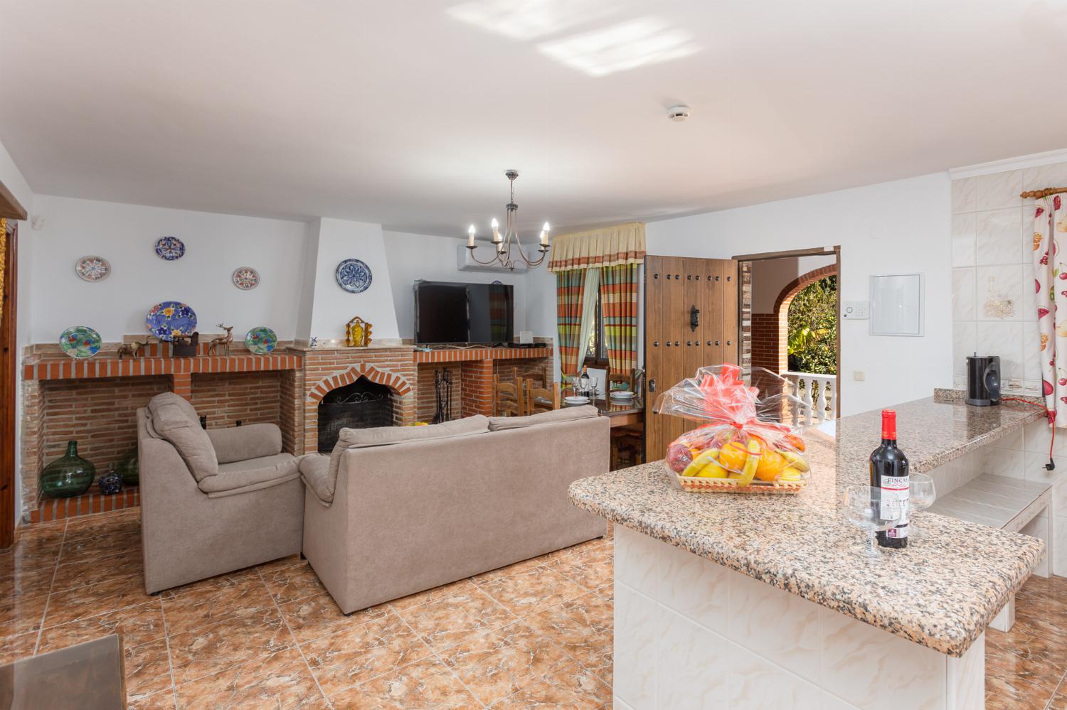 Open-plan living room with sofas, dining area, kitchen, ornamental fireplace, A/C, WiFi internet, and satellite TV