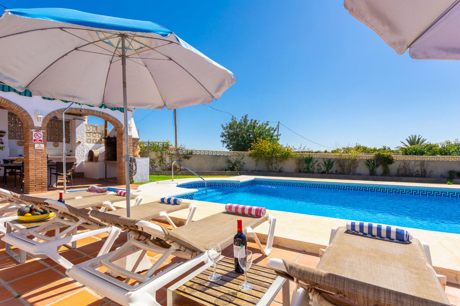 Private pool, terrace, and garden with sea views