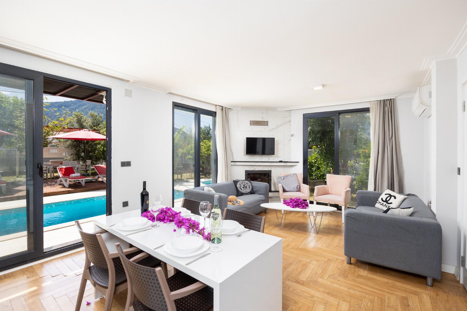 Open-plan living room with sofas, dining area, kitchen, ornamental fireplace, A/C, WiFi Internet, and satellite TV