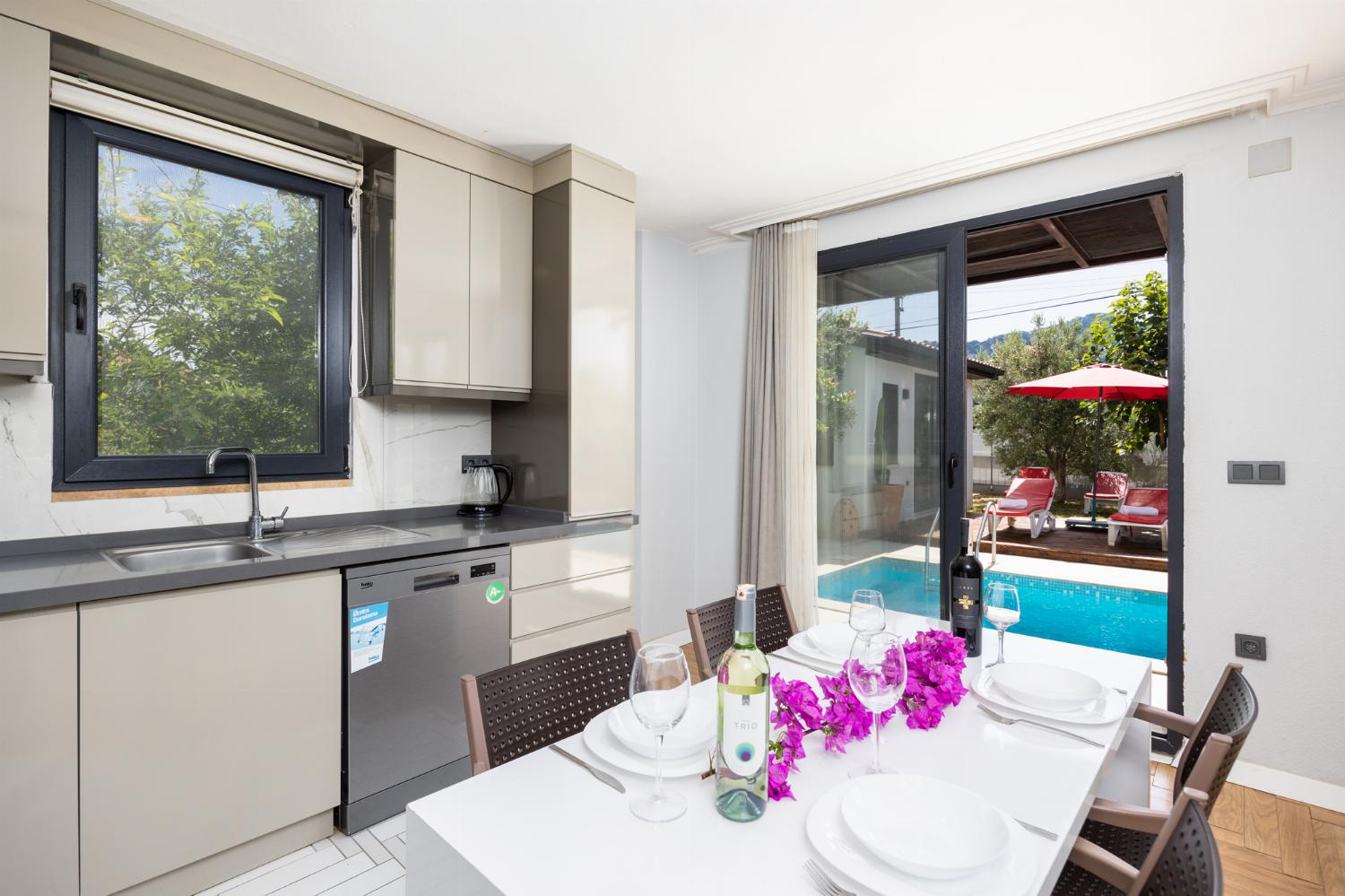 Open-plan living room with sofas, dining area, kitchen, ornamental fireplace, A/C, WiFi Internet, and satellite TV