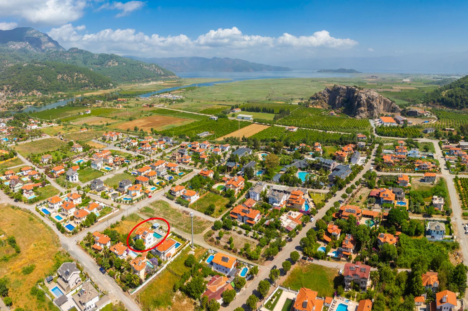 Aerial view showing location of villa