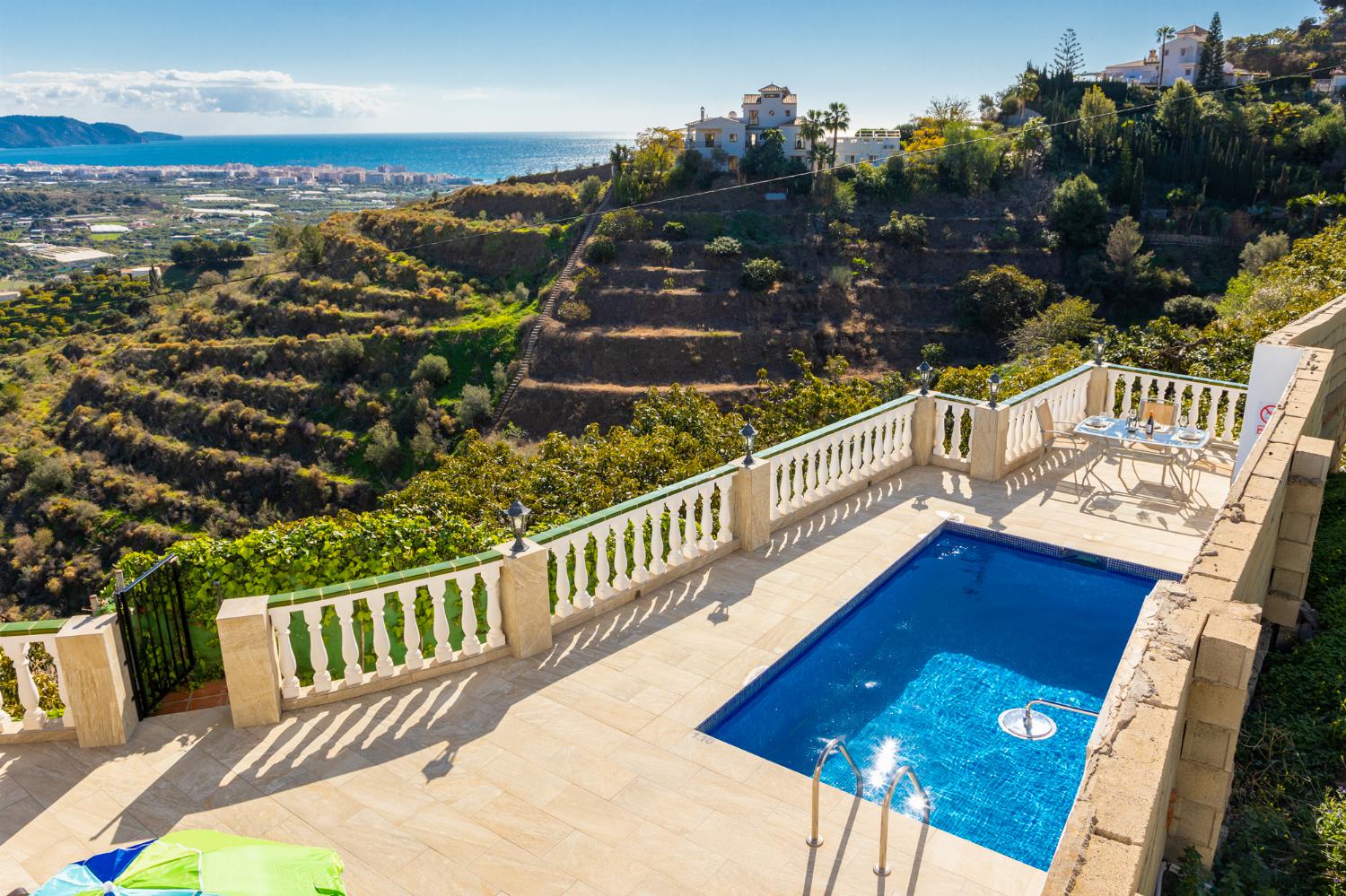 Private pool and terrace with panoramic views of sea and mountains