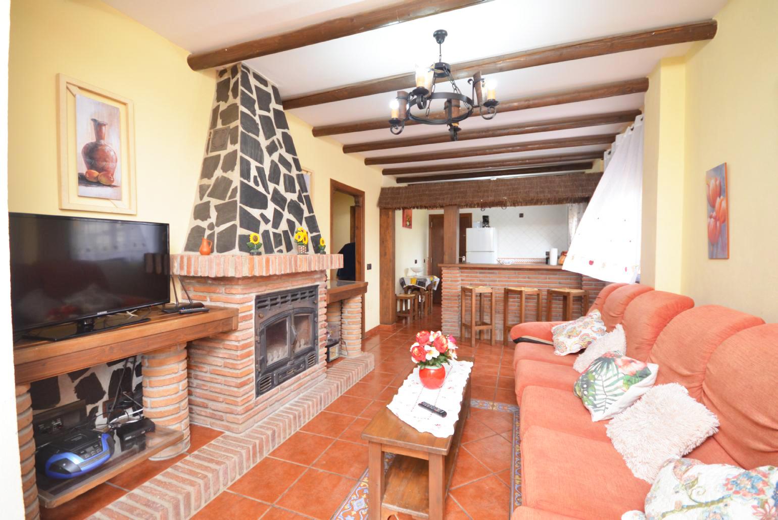 Open-plan living room with sofa, dining area, kitchen, WiFi internet and satellite TV