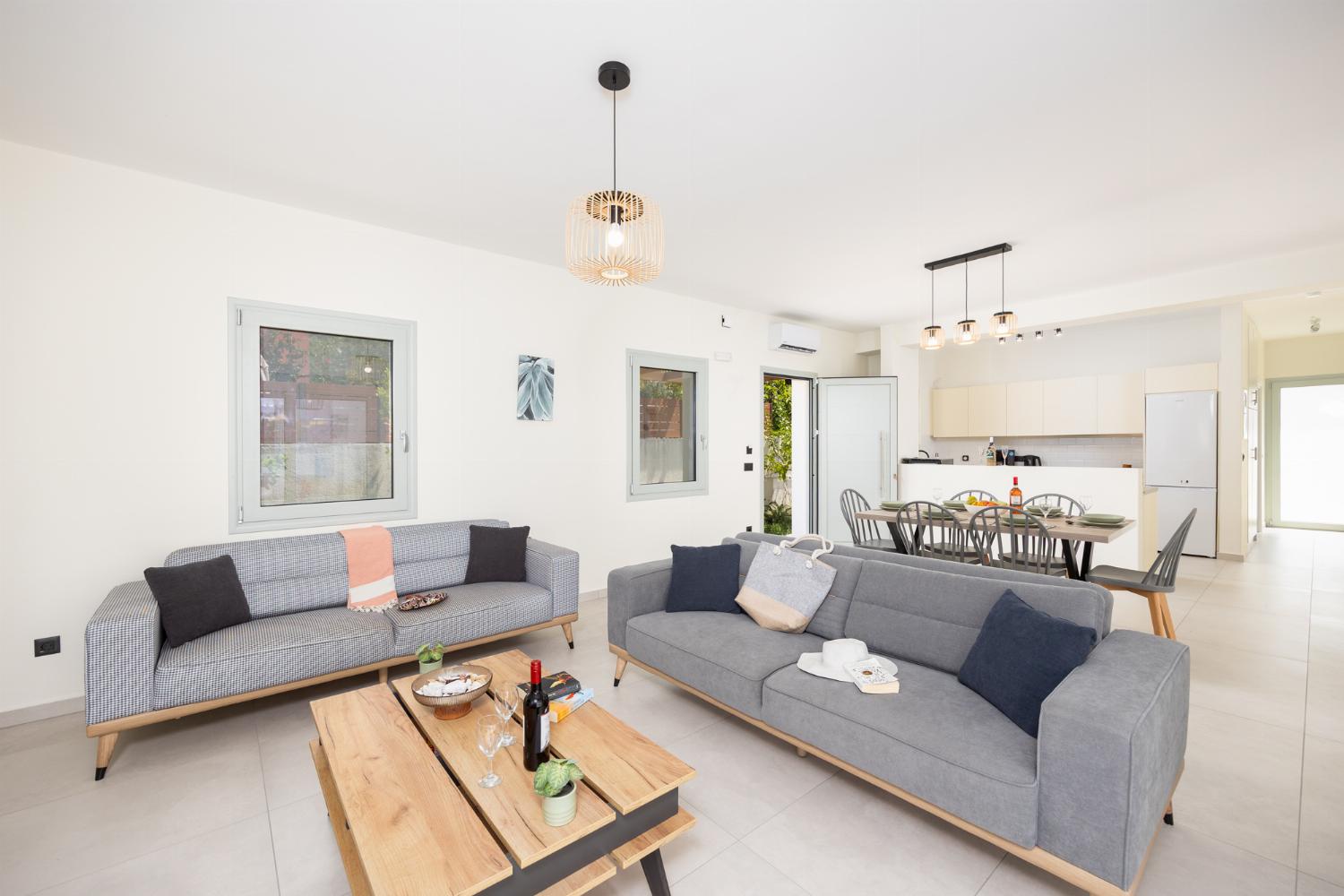 Open-plan living room with sofas, dining area, kitchen, ornamental fireplace, A/C, WiFi internet, and satellite TV