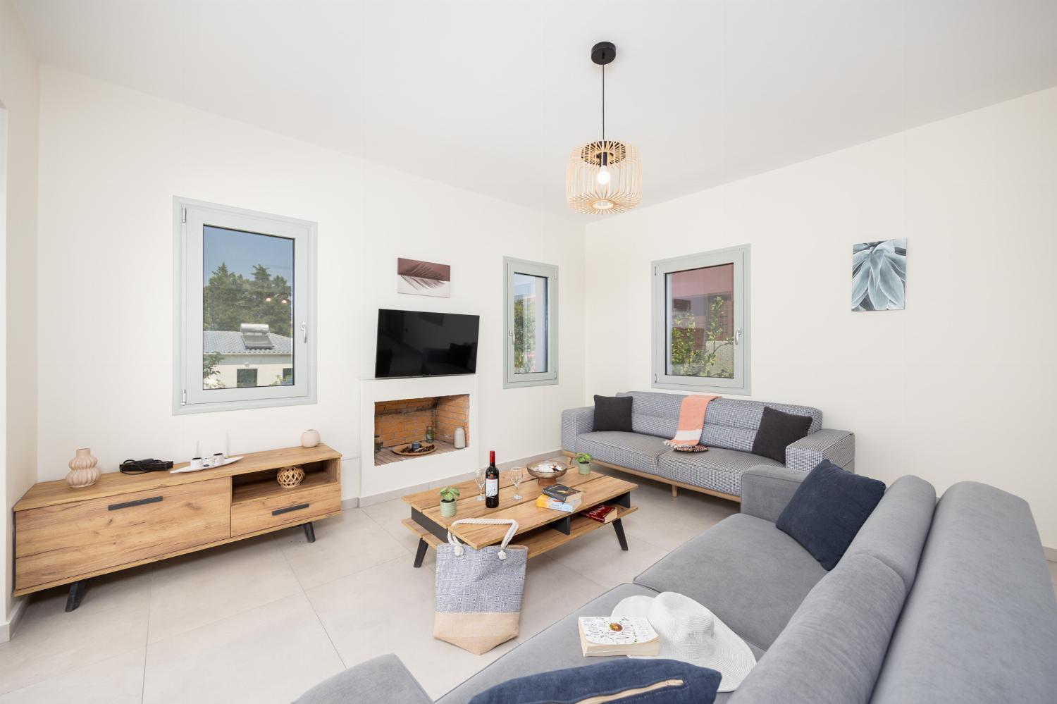 Open-plan living room with sofas, dining area, kitchen, ornamental fireplace, A/C, WiFi internet, and satellite TV