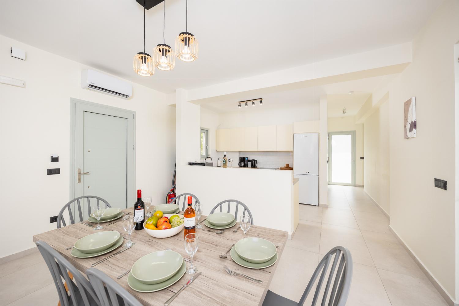 Open-plan living room with sofas, dining area, kitchen, ornamental fireplace, A/C, WiFi internet, and satellite TV