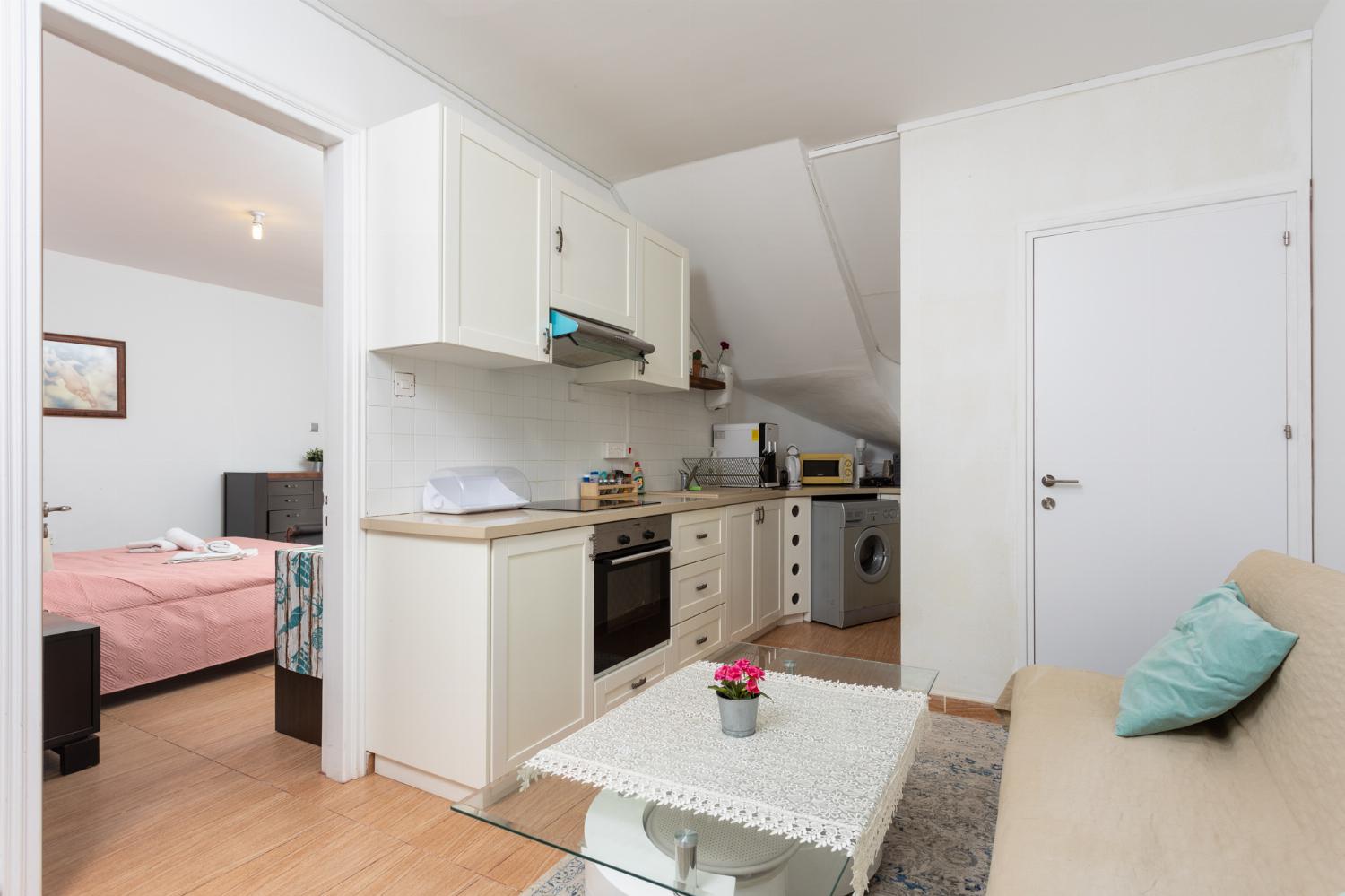 Side apartment: open-plan living room with sofa and equipped kitchen