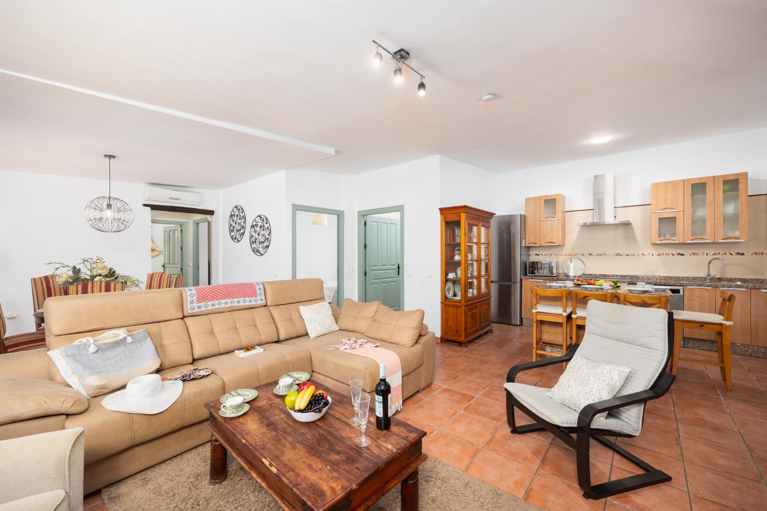 Open-plan living room with sofa, dining area, kitchen, ornamental fireplace, A/C, WiFi internet, and satellite TV