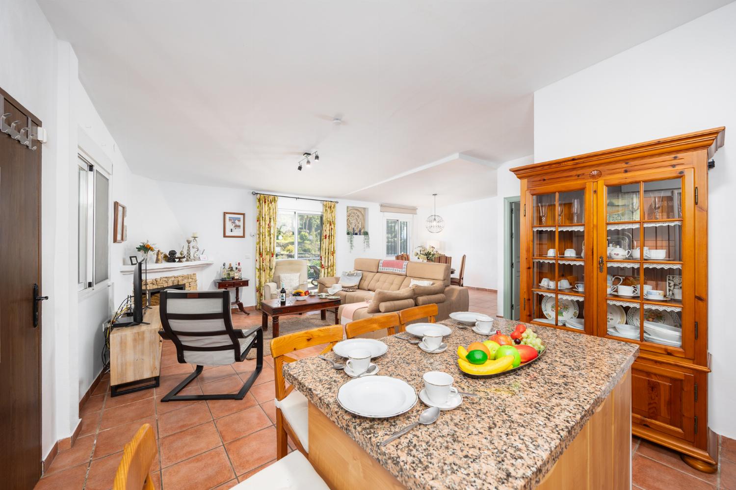 Open-plan living room with sofa, dining area, kitchen, ornamental fireplace, A/C, WiFi internet, and satellite TV