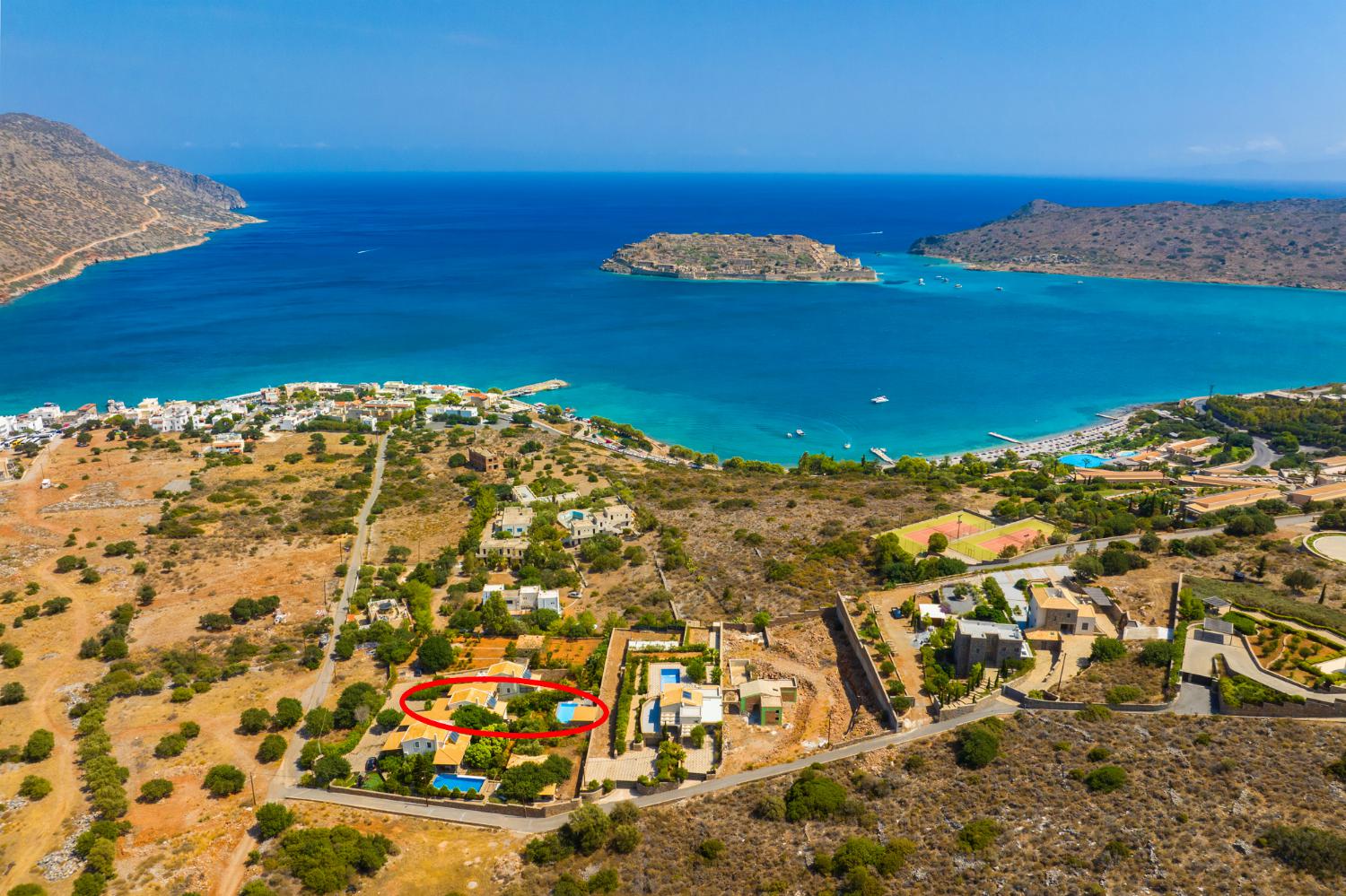 Aerial view showing location of Villa Elounda Plaka