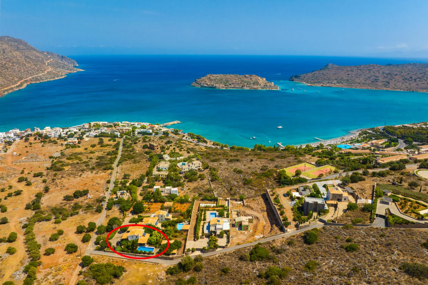 Aerial view showing location of Villa Elounda Blue