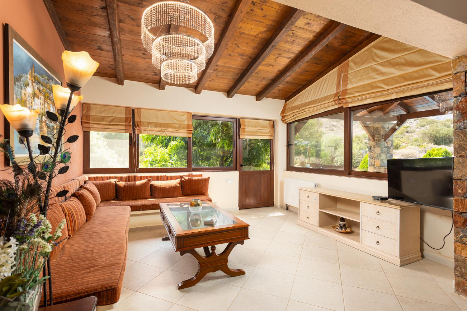Open-plan living room with sofas, dining area, kitchen, ornamental fireplace, A/C, WiFi internet, and satellite TV