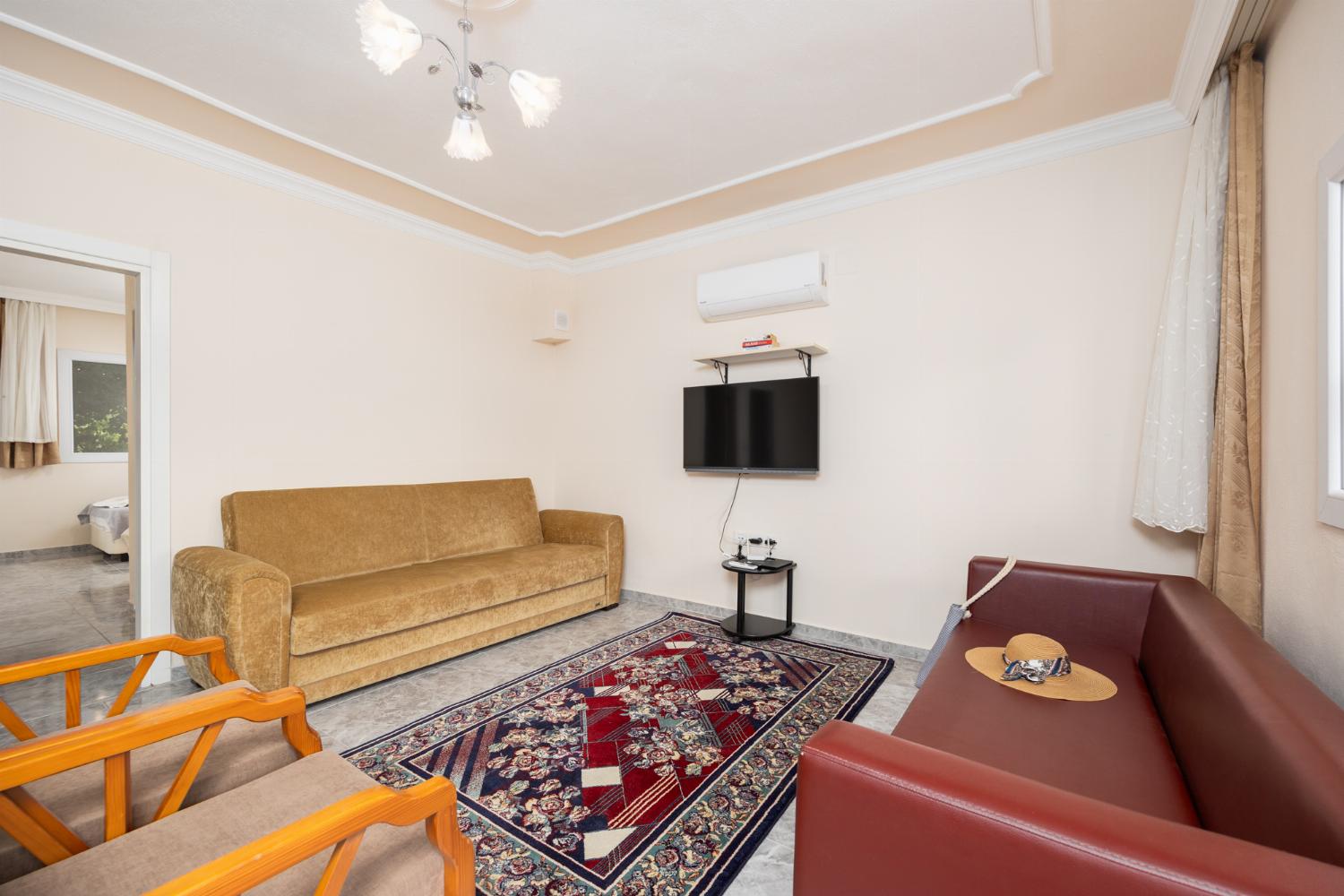Open-plan living room with sofas, dining area, kitchen, A/C, WiFi internet, and satellite TV