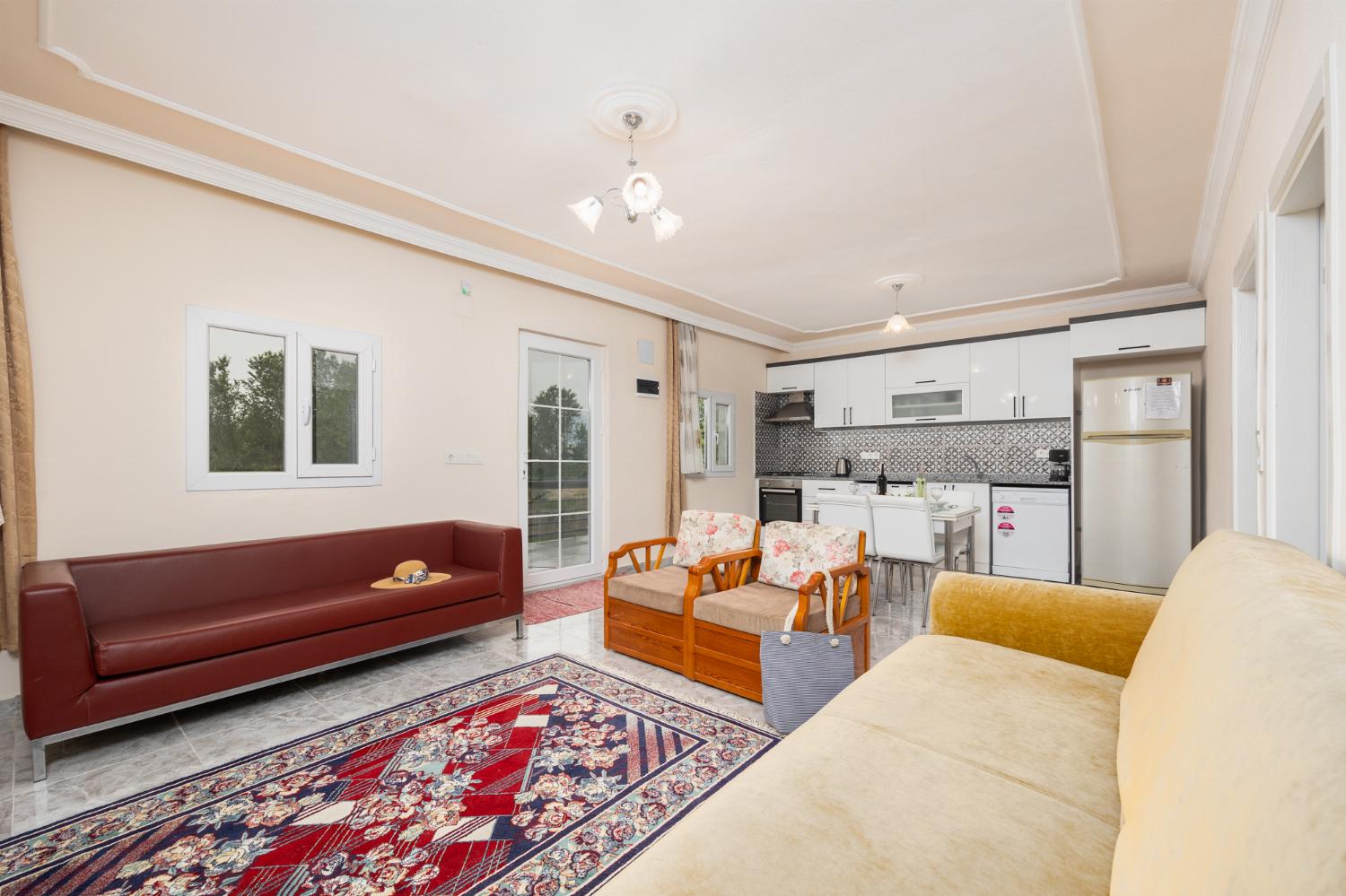 Open-plan living room with sofas, dining area, kitchen, A/C, WiFi internet, and satellite TV