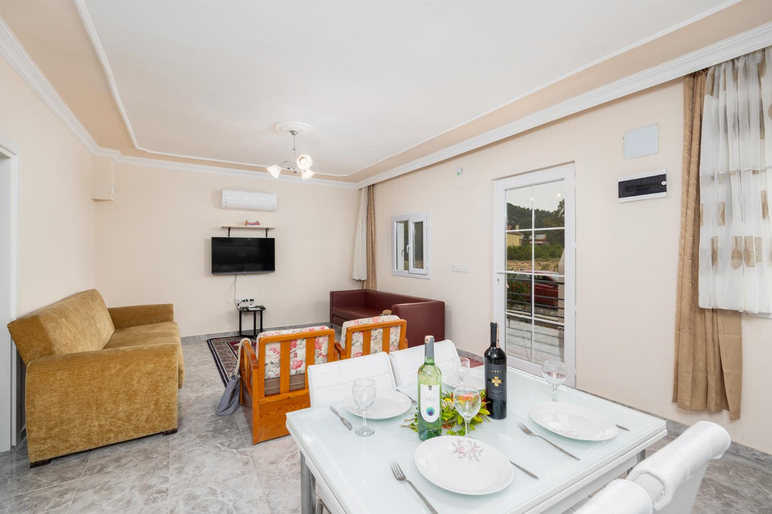 Open-plan living room with sofas, dining area, kitchen, A/C, WiFi internet, and satellite TV