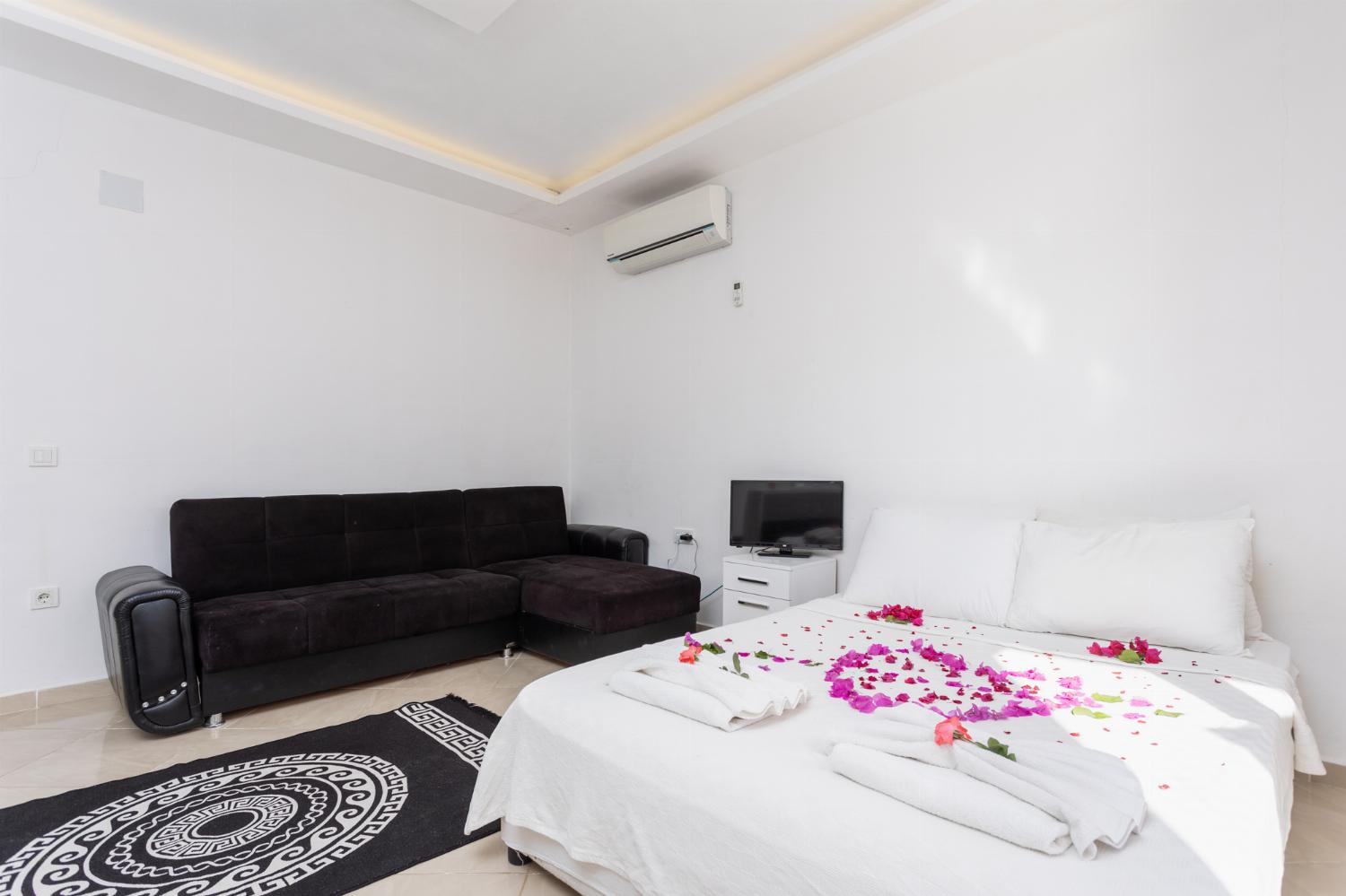 Double bedroom with A/C, kitchenette, sofa, and TV