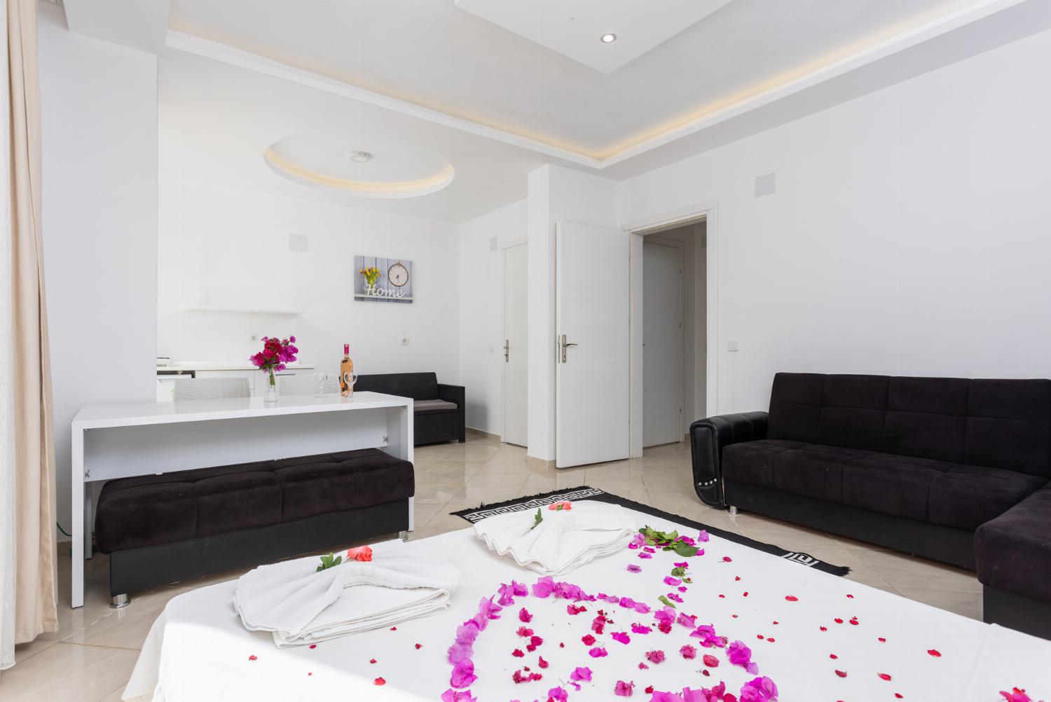 Double bedroom with A/C, kitchenette, sofa, and TV
