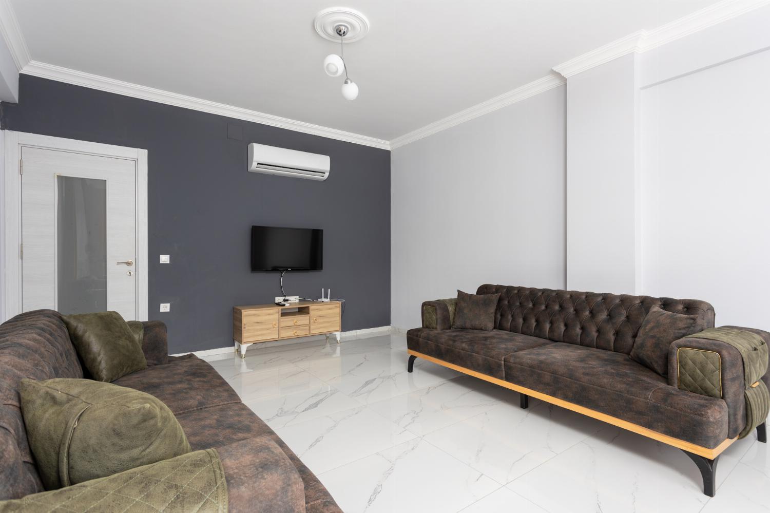 Living room with sofas, A/C, WiFi internet, and satellite TV