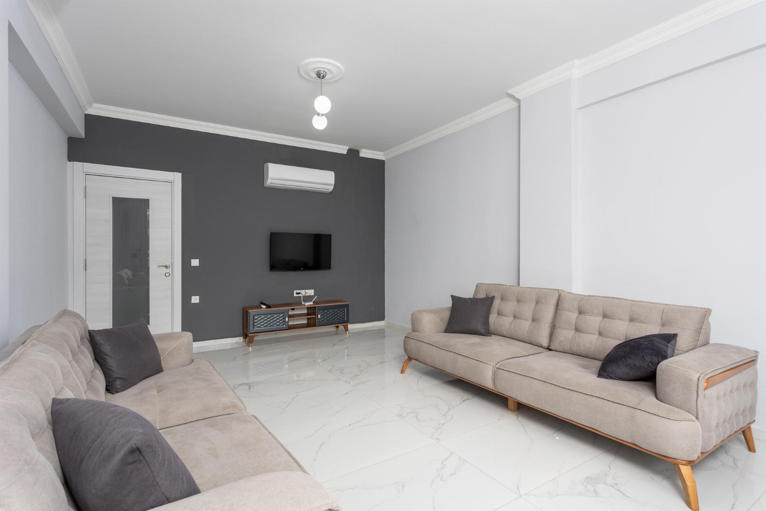 Living room with sofas, A/C, WiFi internet, and satellite TV
