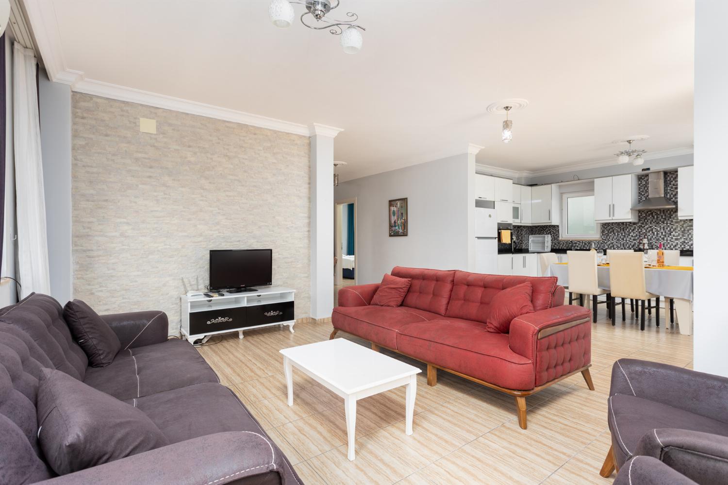 Open-plan living room with sofas, dining area, kitchen, A/C, WiFi internet, and satellite TV