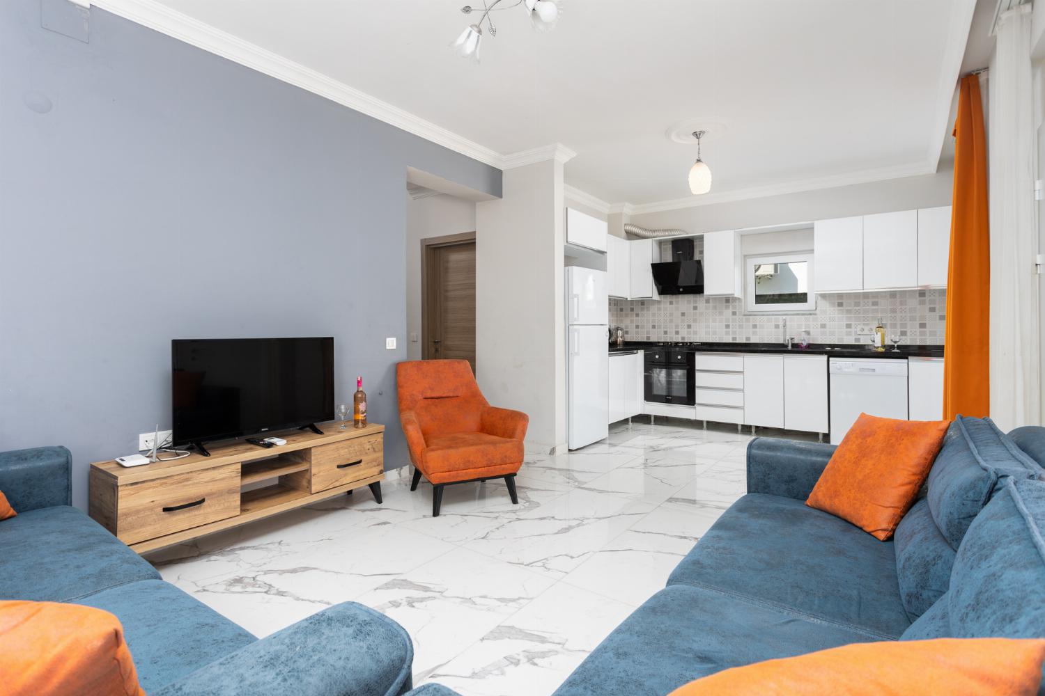 Open-plan living room with sofas, kitchen, A/C, WiFi internet, and satellite TV