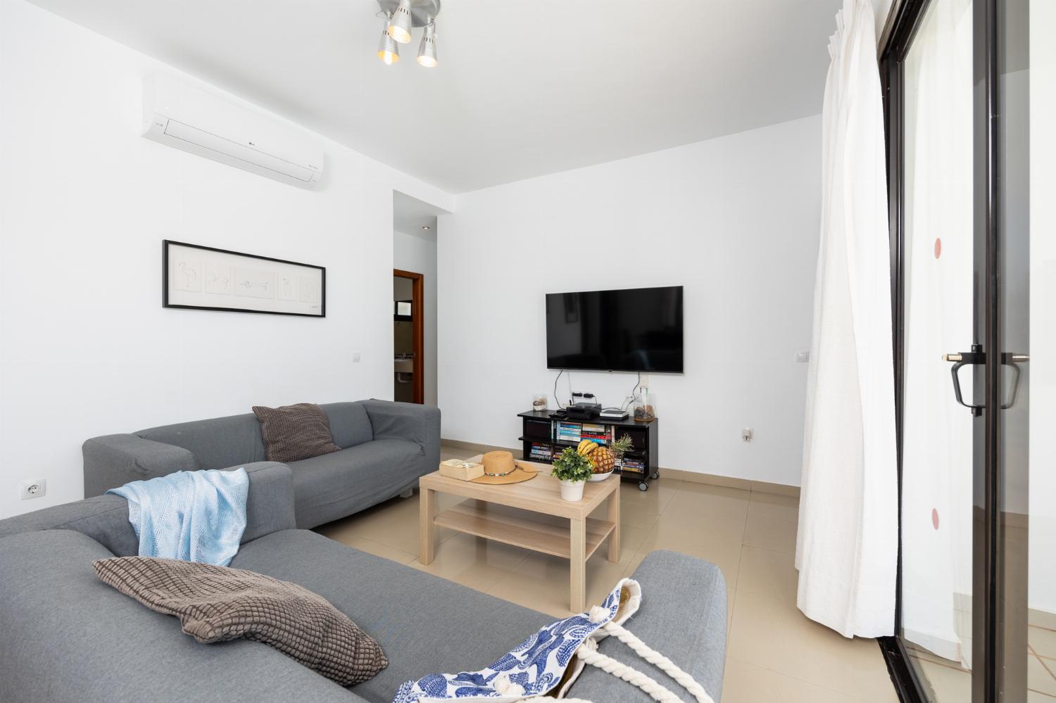 Living room with sofas, dining area, A/C, WiFi internet, and satellite TV