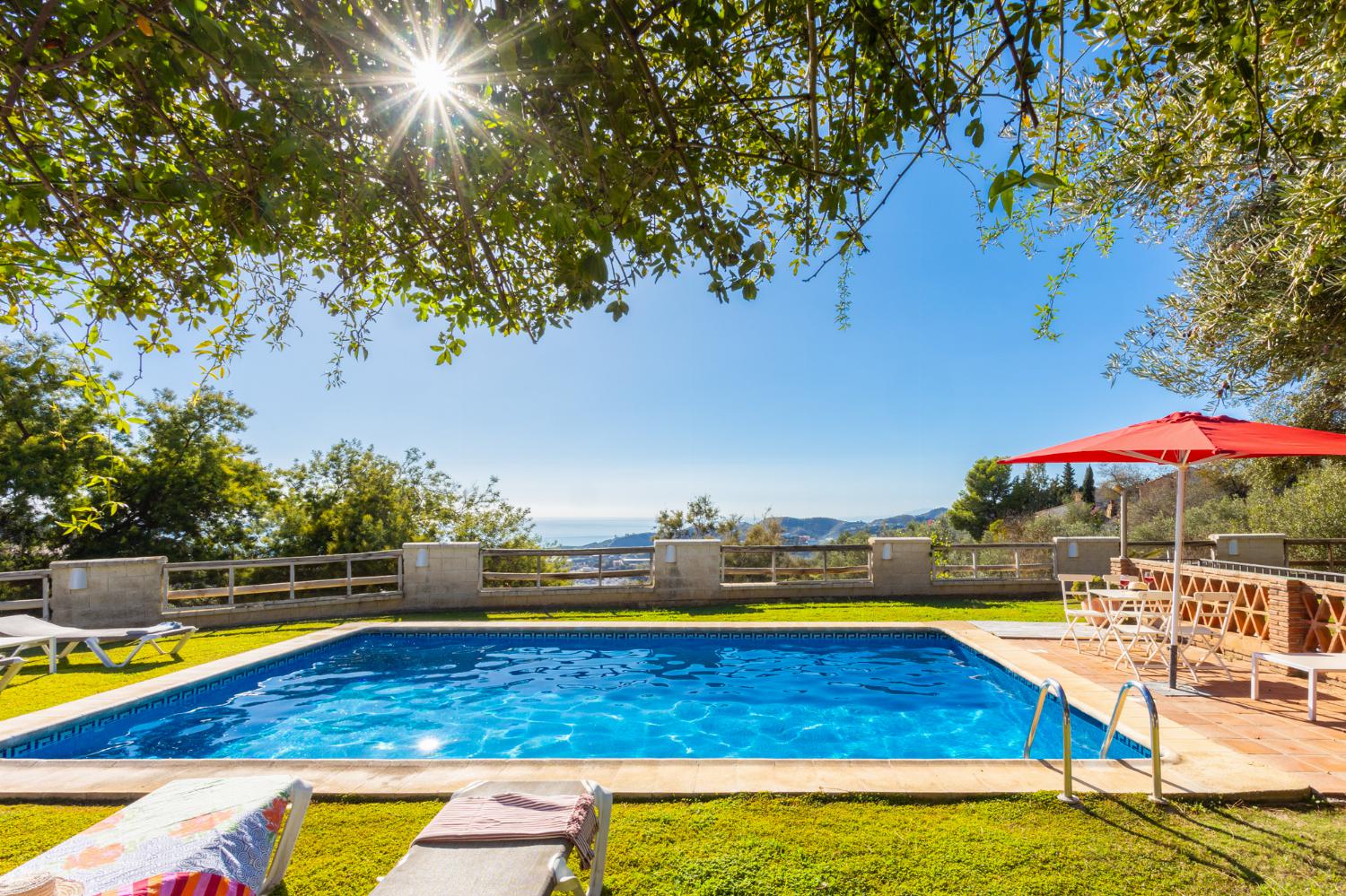 Private pool, terrace, and garden with sea views