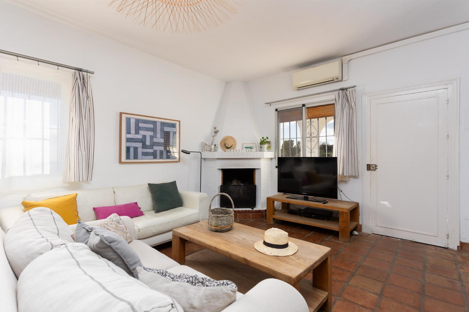 Open-plan living room with sofas, dining area, kitchen, ornamental fireplace, A/C, WiFi internet, and satellite TV