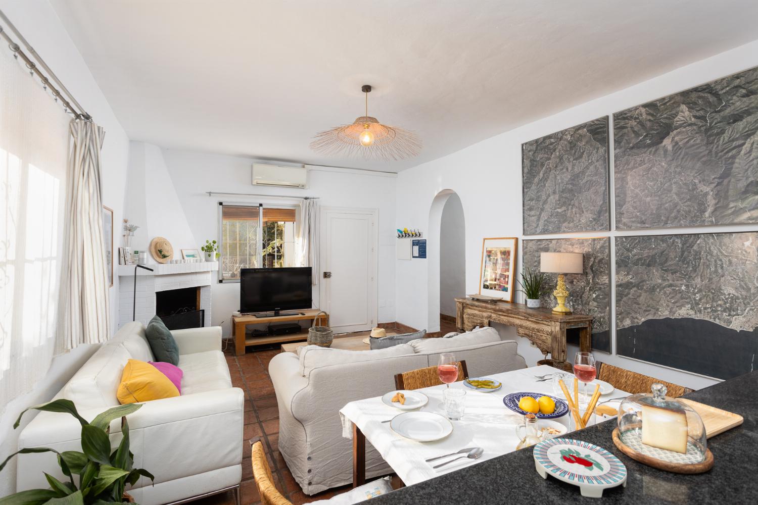 Open-plan living room with sofas, dining area, kitchen, ornamental fireplace, A/C, WiFi internet, and satellite TV