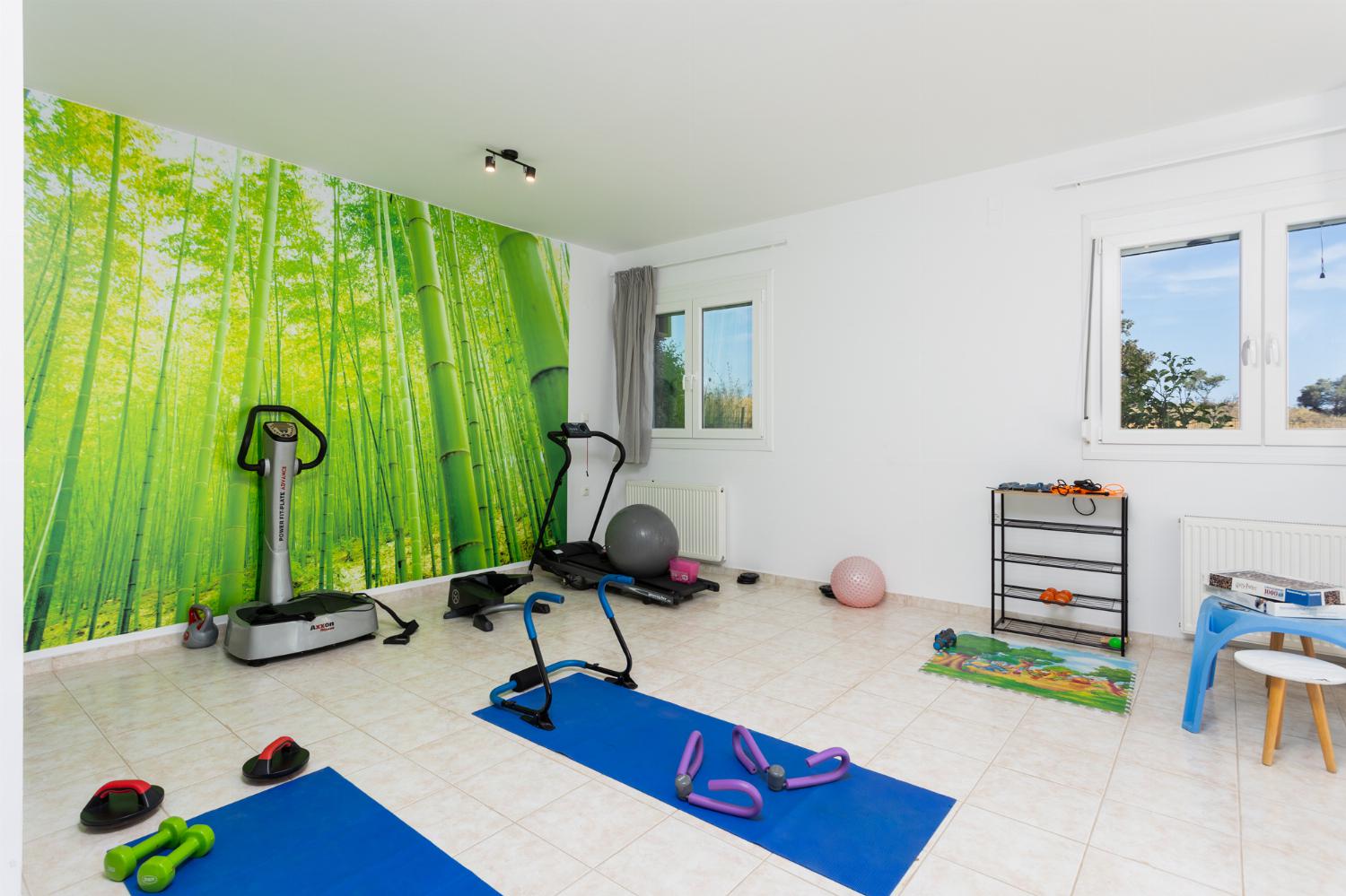 Living area with sofa, gym area, kitchen, and satellite TV