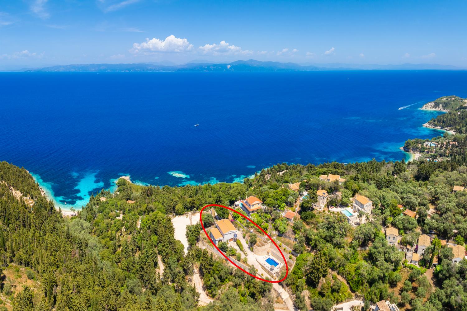Aerial view showing location of villa