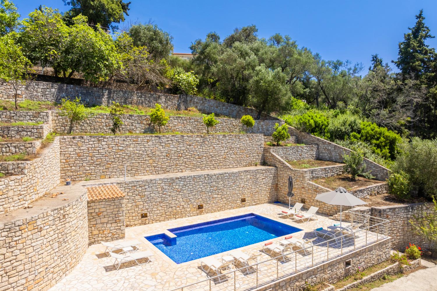 Private pool, terraces, and garden with panoramic sea views