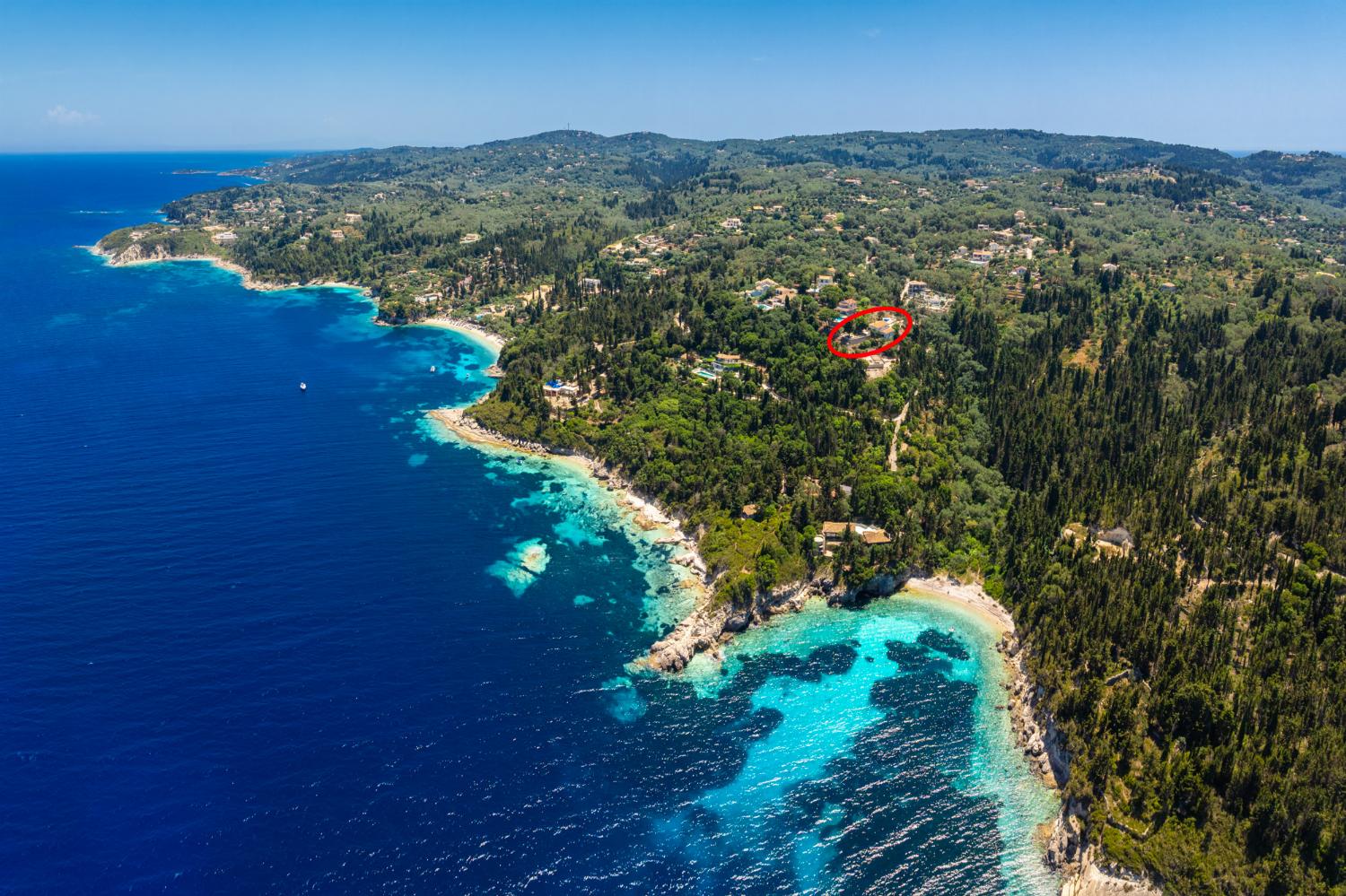 Aerial view showing location of villa