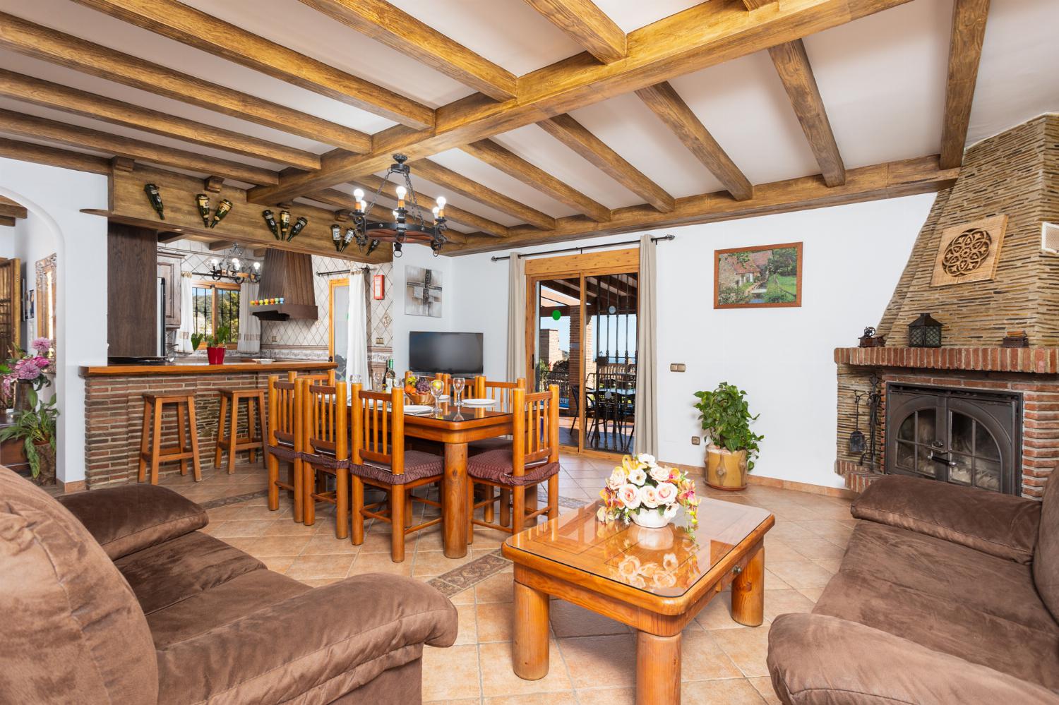 Open-plan living room with sofas, dining area, kitchen, ornamental fireplace, A/C, WiFi internet, and satellite TV