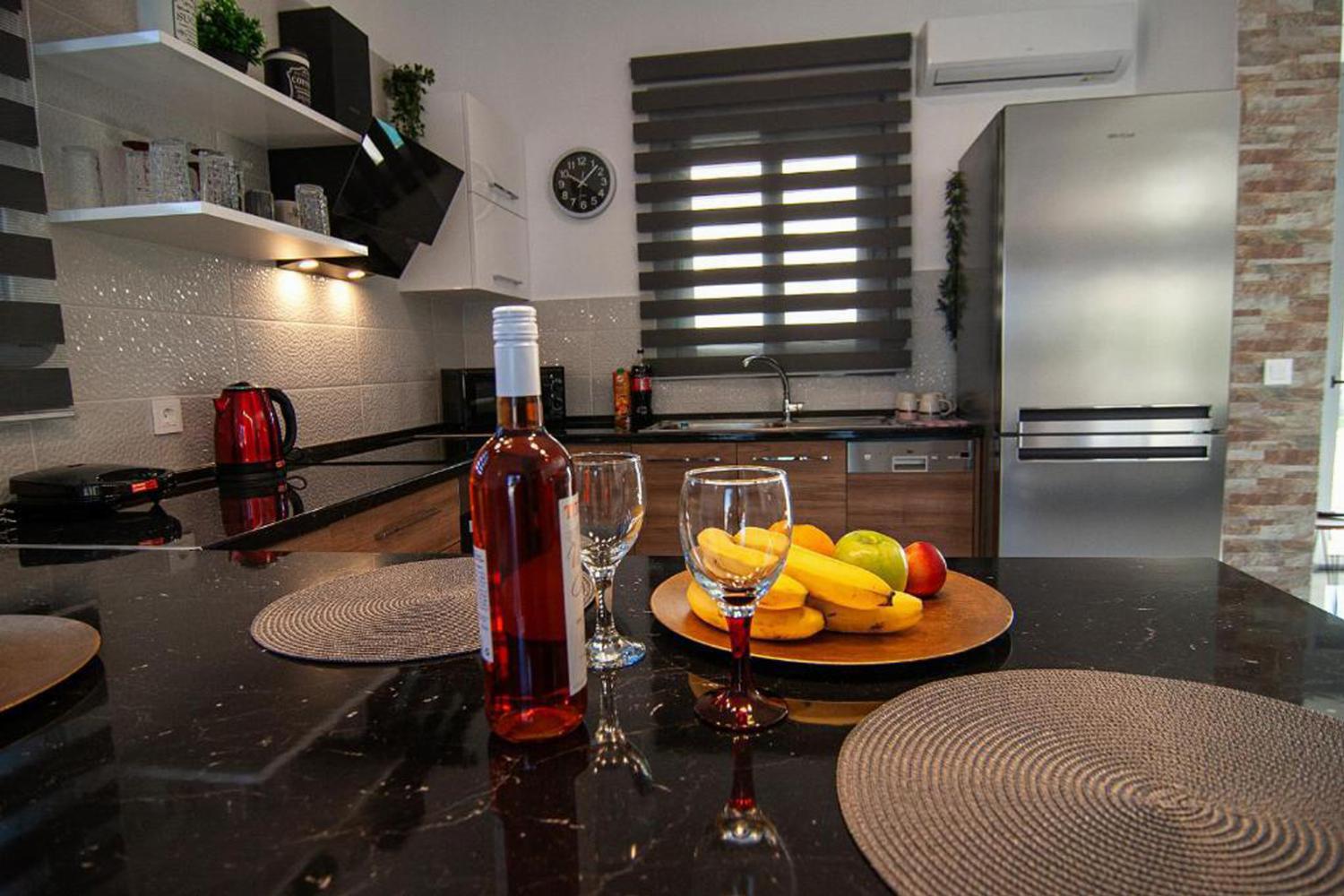 Equipped kitchen food and wine