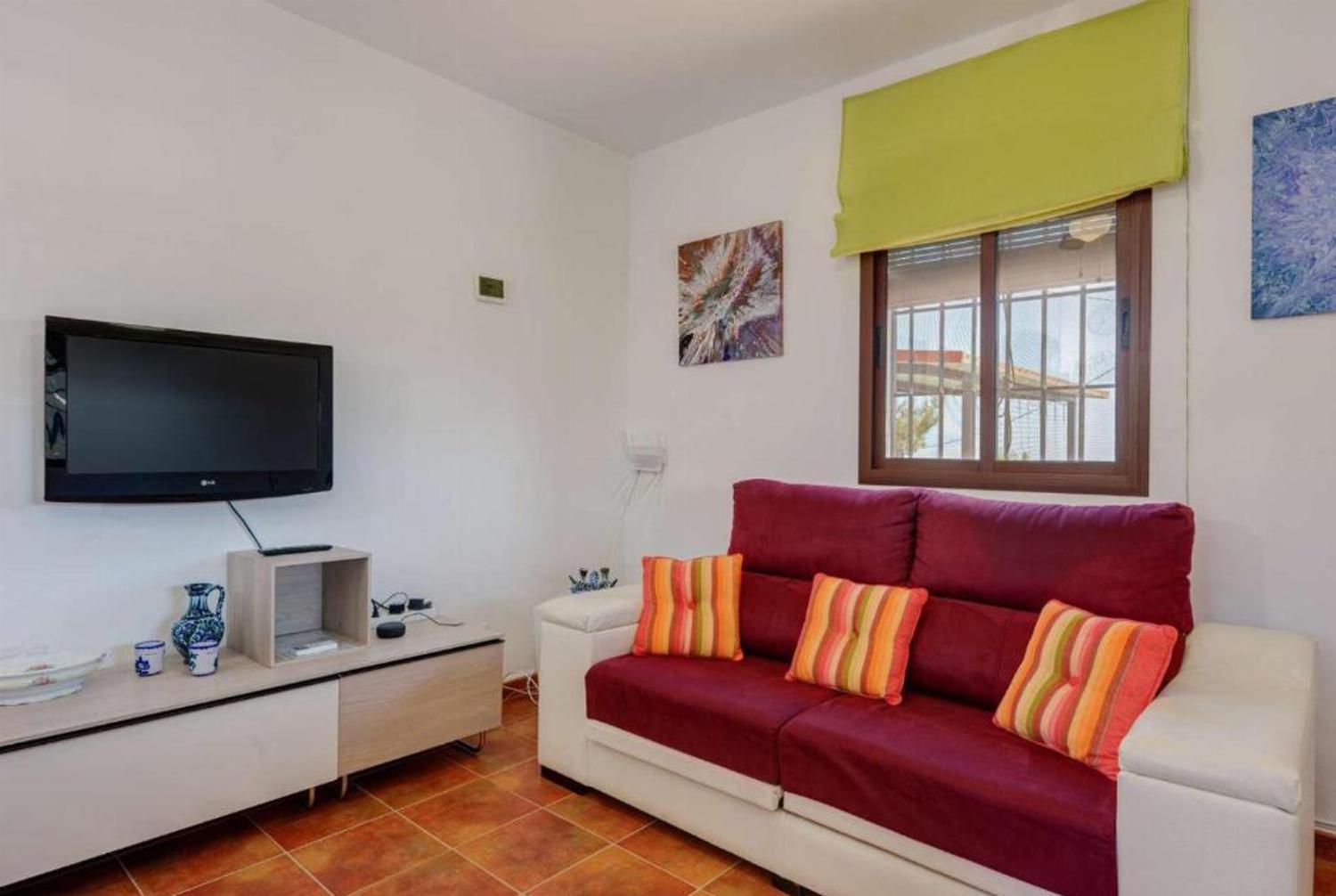 Open-plan living room with sofas, dining area, kitchen, ornamental fireplace, A/C, WiFi internet, satellite TV