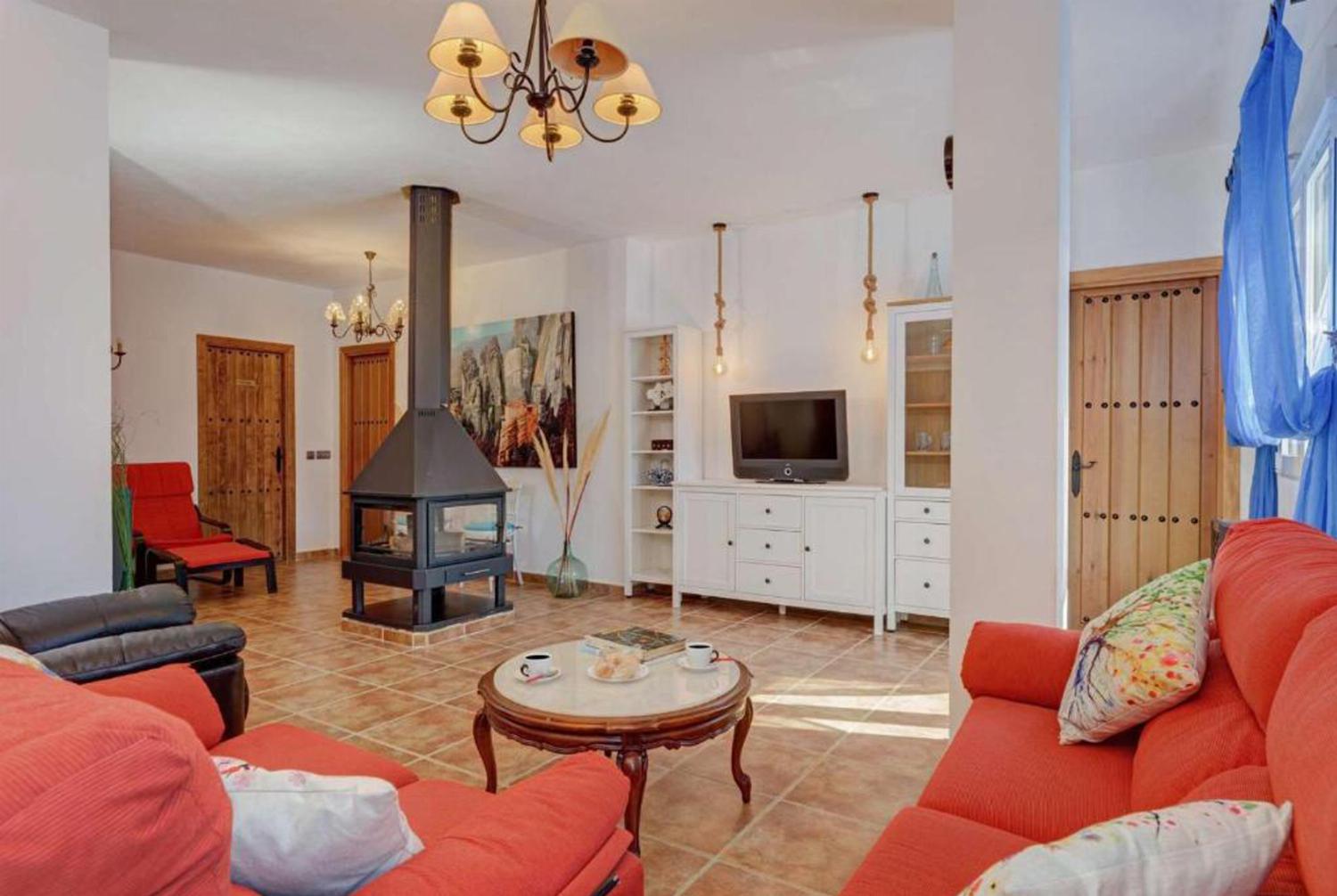 Open-plan living room with sofas, dining area, kitchen, ornamental fireplace, A/C, WiFi internet, satellite TV