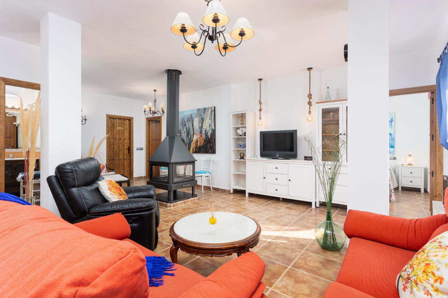 Living room with sofas, dining area, ornamental fireplace, WiFi internet, and satellite TV