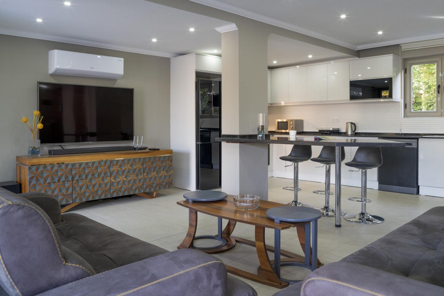 Open-plan living room with sofas, dining area
