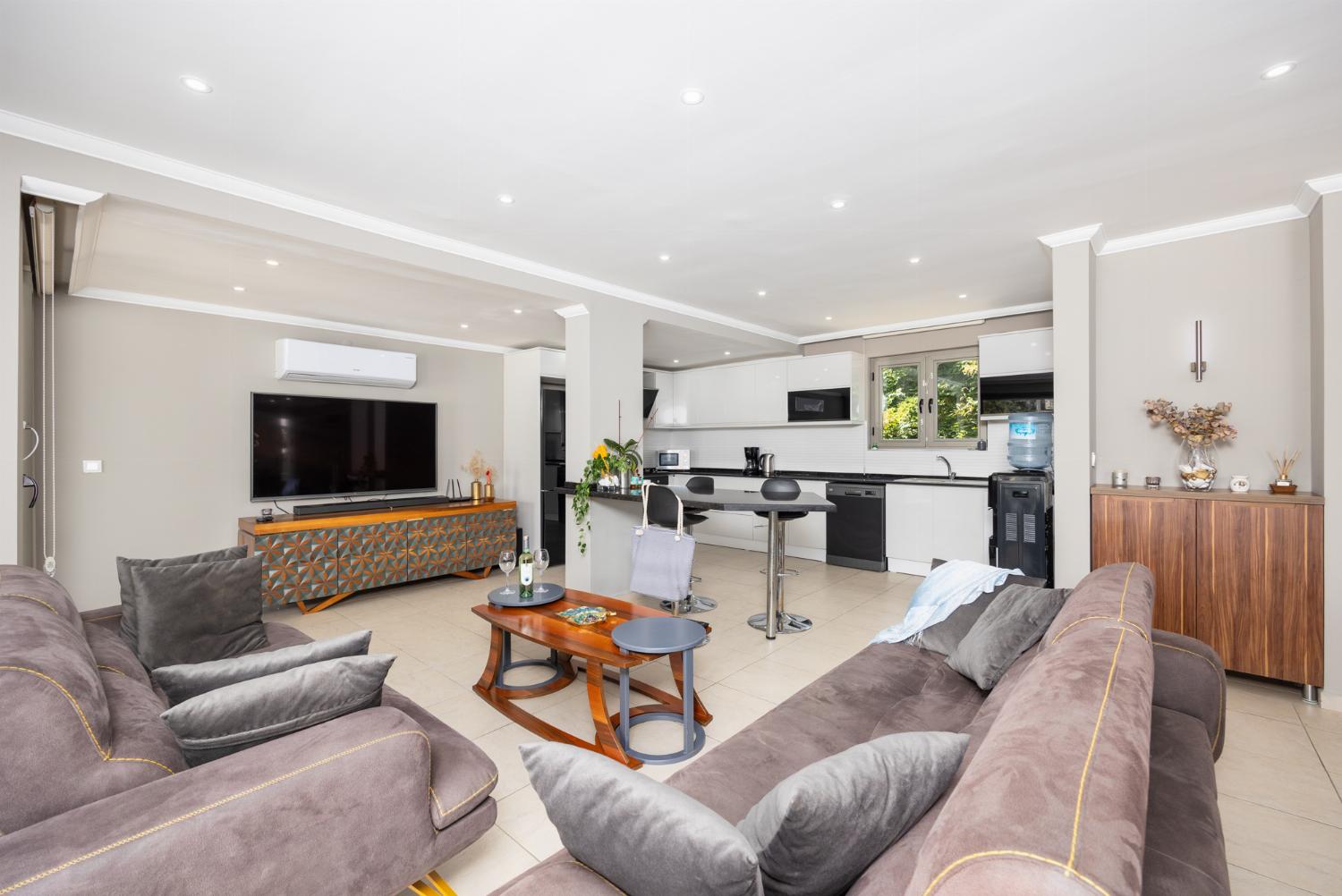 Open-plan living room with sofas, dining area, kitchen, A/C, WiFi internet, and satellite TV