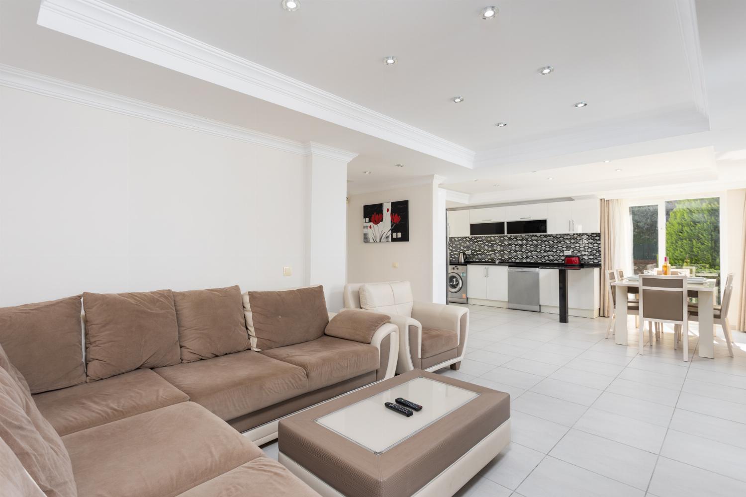 Open-plan living room with sofas, dining area, kitchen, ornamental fireplace, A/C, WiFi internet, and satellite TV